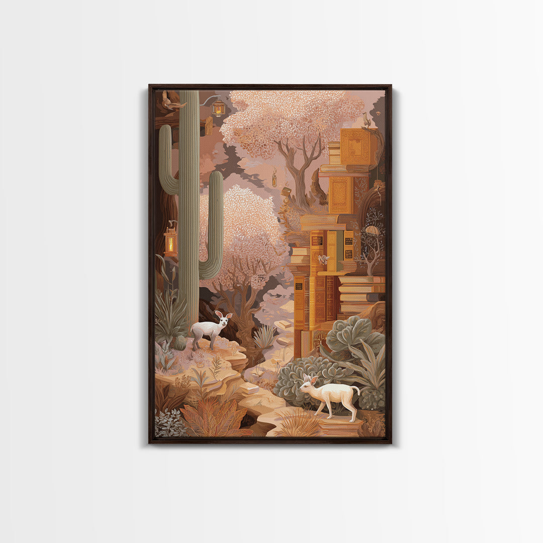 Enchanted Library with Floating Books Framed Canvas Print, Fantasy Art, Statement Artwork, Living Room Decor, Fine Art, Mythic, FAN-2x3-4