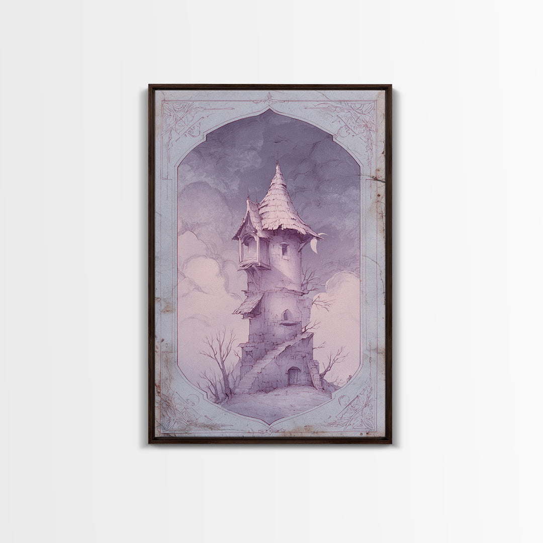 Wizard Tower under a Violet Storm Sky Framed Canvas Print, Fantasy Art, Wall Art, Living Room Decor, Fine Art, Mythic, FAN-2x3-60