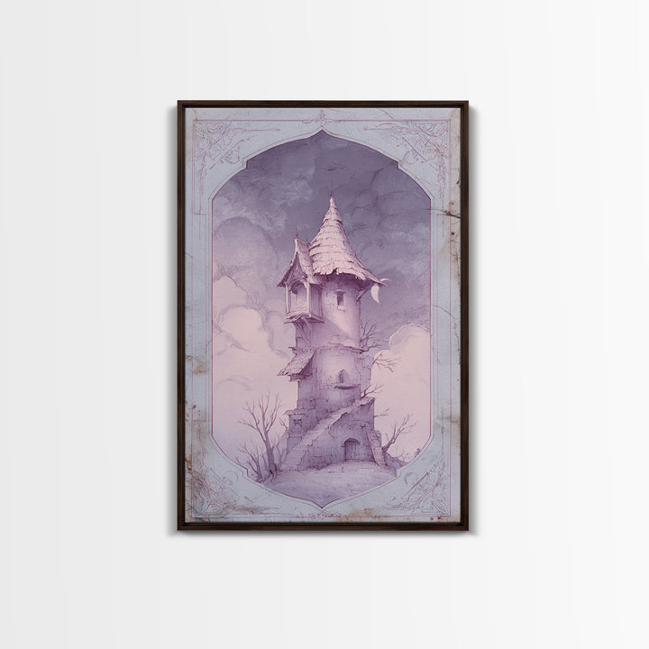 Wizard Tower under a Violet Storm Sky Framed Canvas Print, Fantasy Art, Wall Art, Living Room Decor, Fine Art, Mythic, FAN-2x3-60