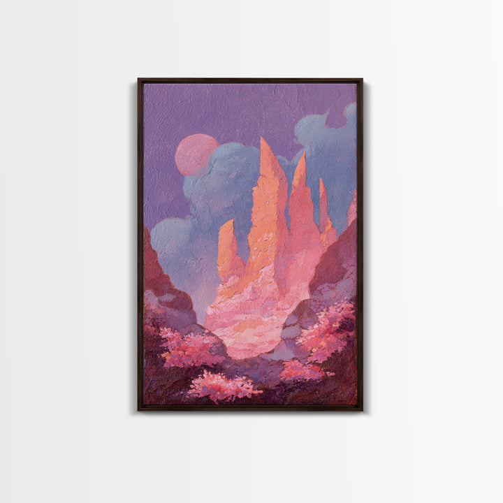 Wizard Tower under a Violet Storm Sky Framed Canvas Print, Fantasy Art, Dragon Art, Living Room Decor, Fine Art, Mythic, FAN-2x3-84