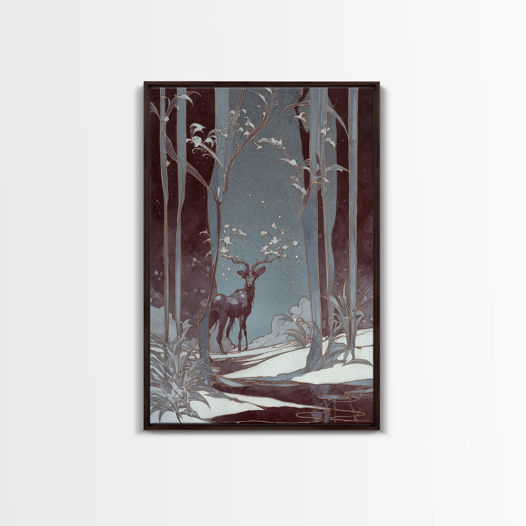 Forest Spirit with Antlers and Glowing Eyes Framed Canvas Print, Fantasy Art, Gallery Decor, Living Room Decor, Mythic, FAN-2x3-92