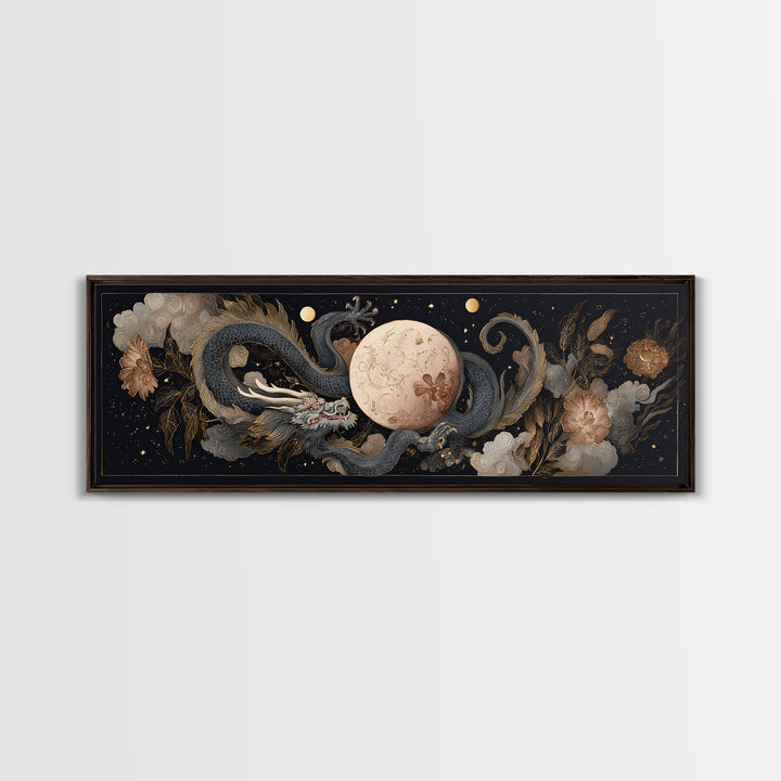 Celestial Dragon Wrapped Around a Moon Canvas Print, Fantasy Art, Art, Living Room Decor, Fine Art, Mythic, Watercolor Painting, FAN-3x1-78