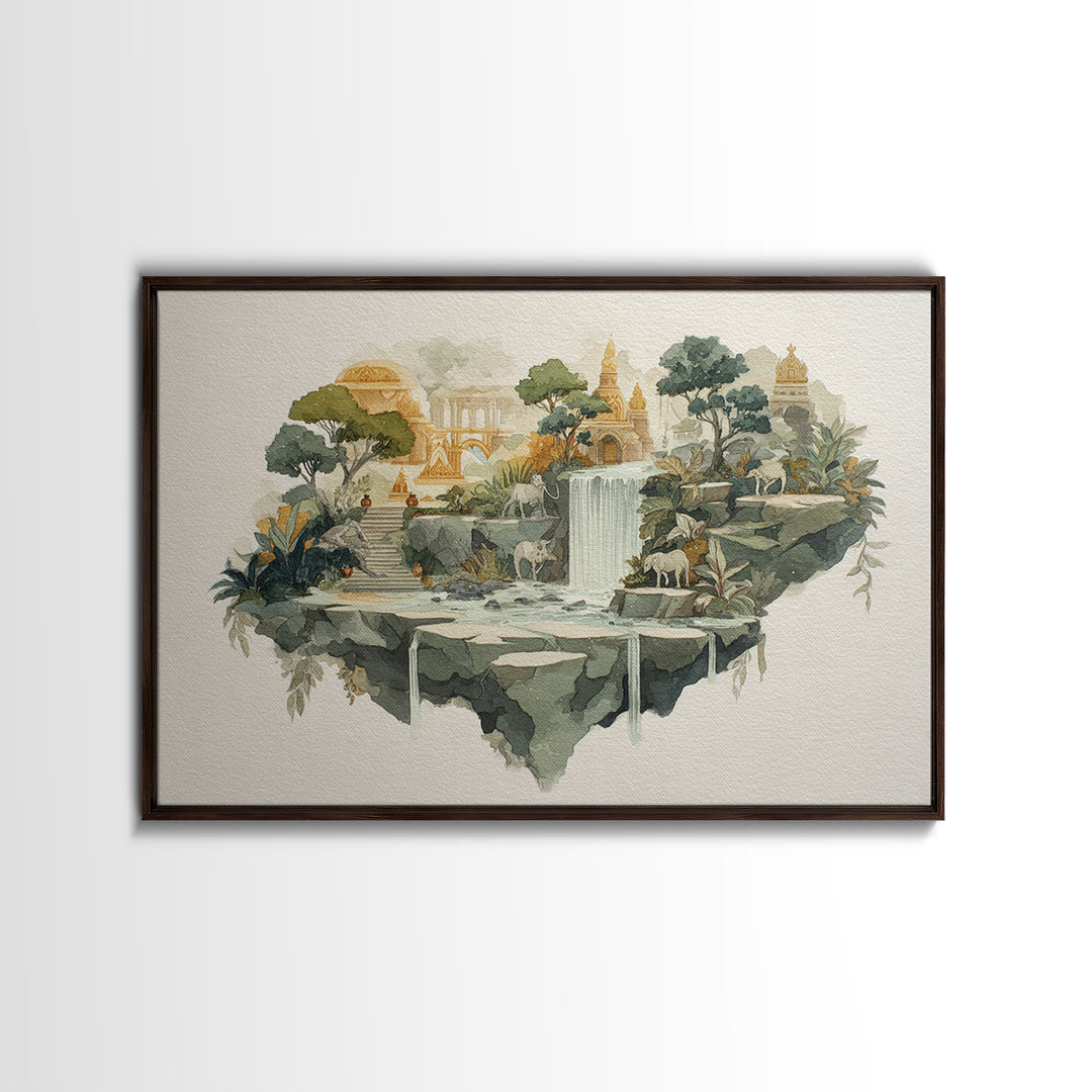 Floating Island with Waterfalls and Ancient Ruins Canvas Print, Fantasy Art, Fantasy Art Print, Living Room Decor, Mythic, FAN-3x2-79