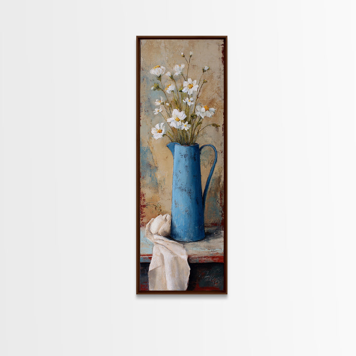 Blue Enamel Pitcher Canvas Print, Farmhouse Art, Sage Green Wall Art, Farmhouse Decor, Oil Painting, Harvest, Gallery Decor, FAR-1x3-100