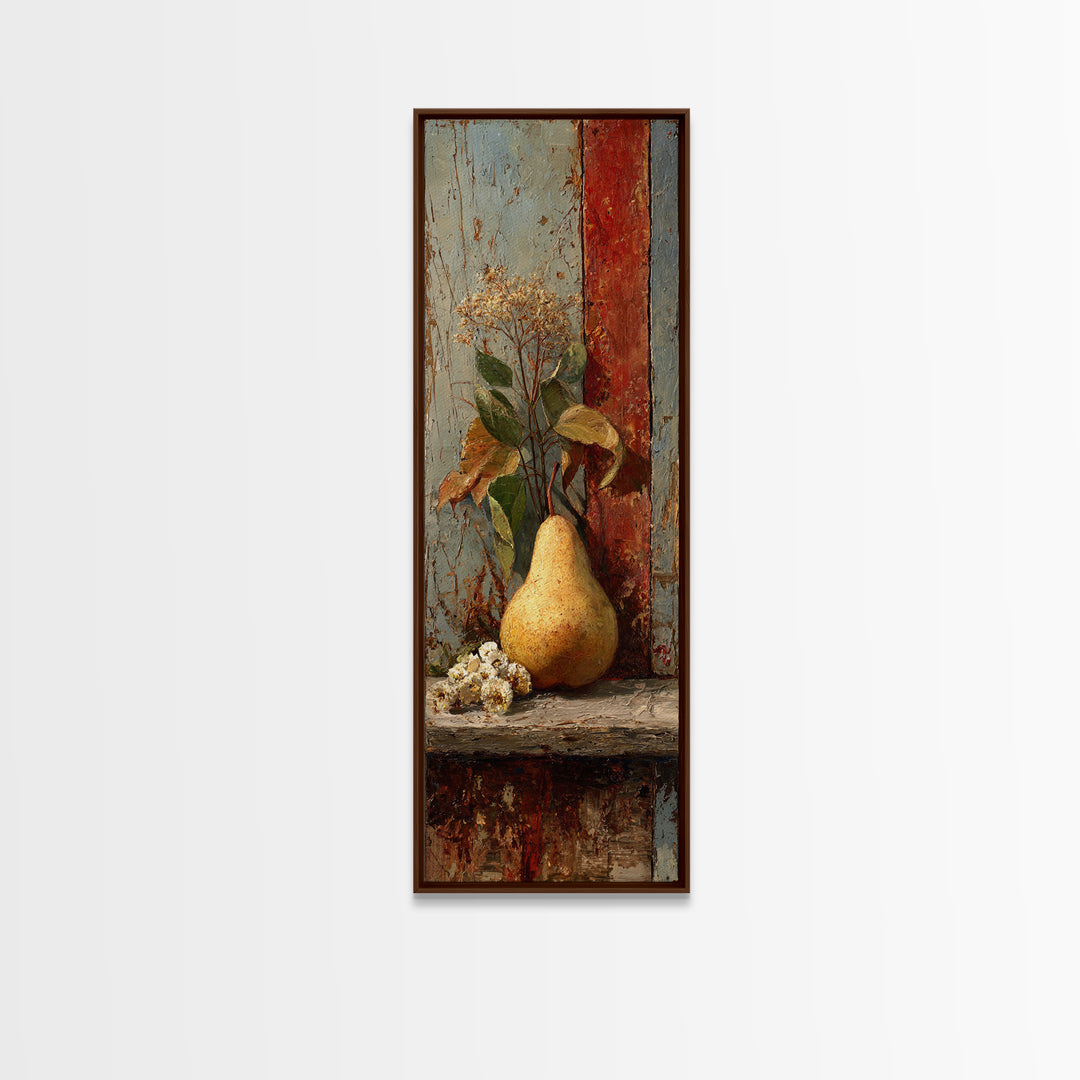 Rustic Pear Still Life on Plank Wood Framed Canvas Print, Farmhouse Art, Digital Prints, Farmhouse Decor, Watercolor Art, FAR-1x3-31