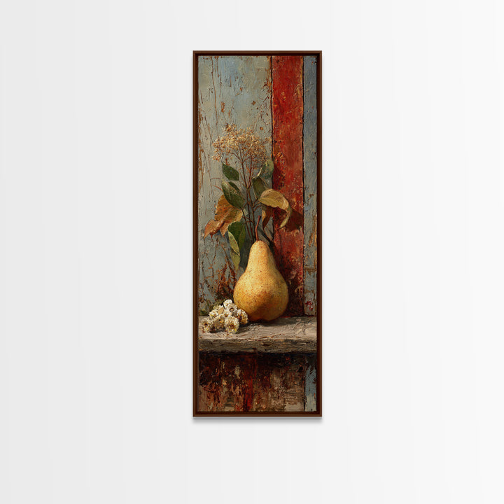 Rustic Pear Still Life on Plank Wood Framed Canvas Print, Farmhouse Art, Digital Prints, Farmhouse Decor, Watercolor Art, FAR-1x3-31
