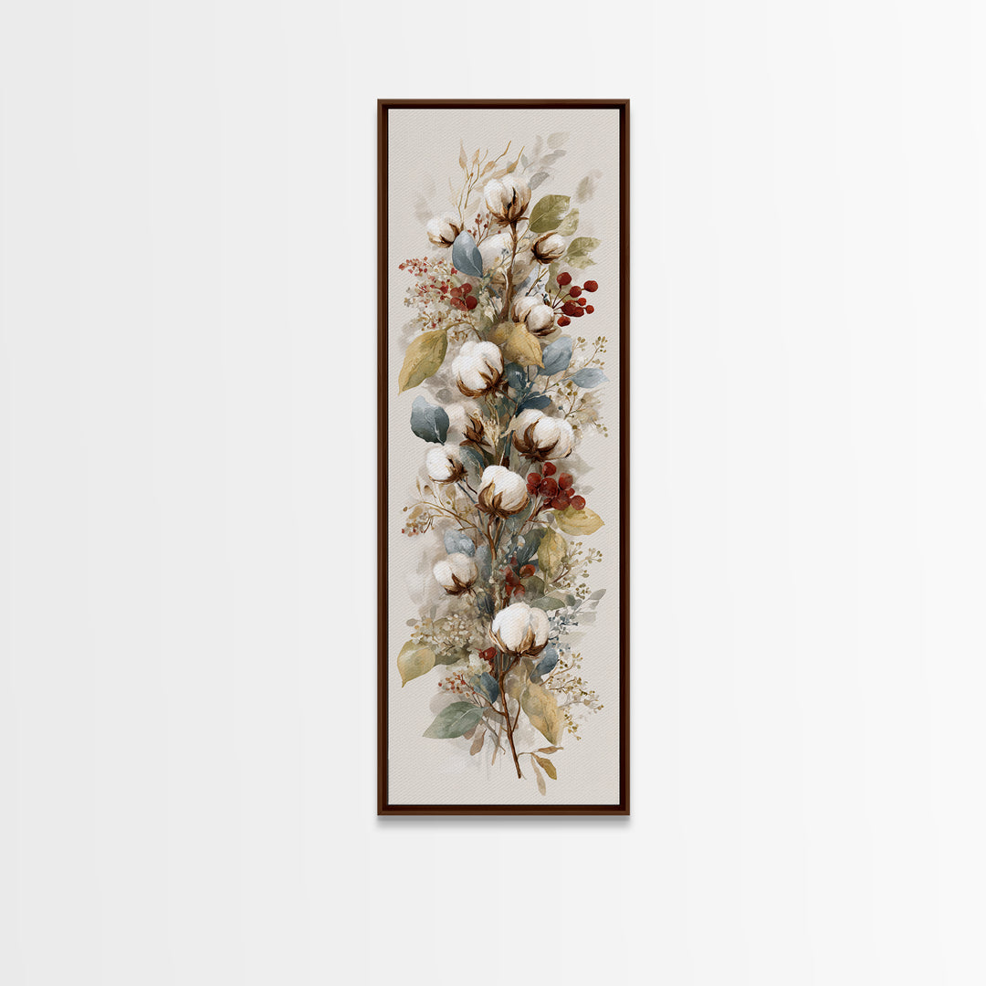 Farmhouse Wreath of Cotton Stems and Eucalyptus Canvas Print, Farmhouse Art, Textured Painting, Farmhouse Decor, Harvest, FAR-1x3-32