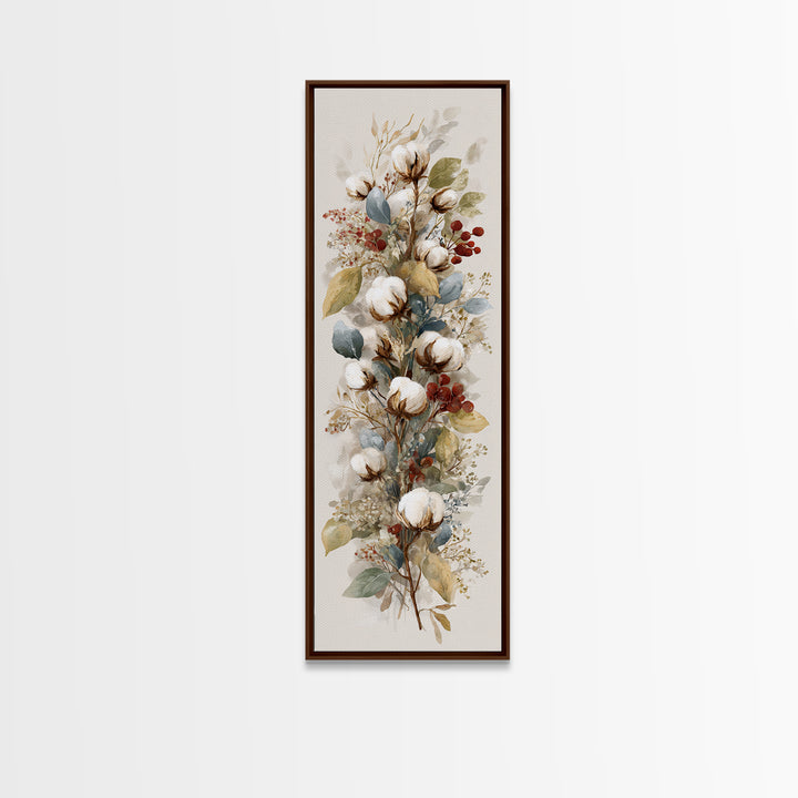 Farmhouse Wreath of Cotton Stems and Eucalyptus Canvas Print, Farmhouse Art, Textured Painting, Farmhouse Decor, Harvest, FAR-1x3-32