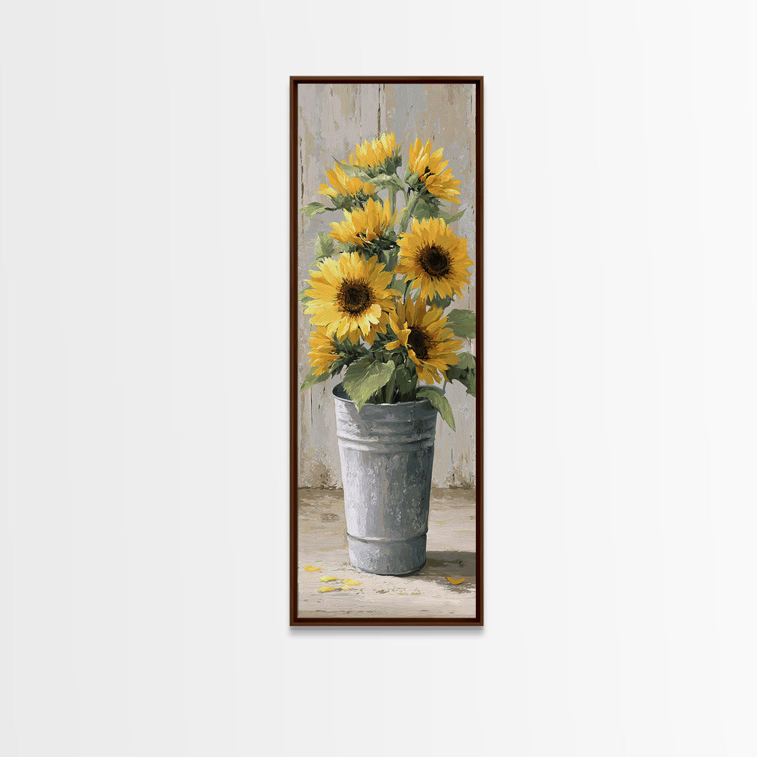 Sunflowers in a Galvanized Metal Bucket Canvas Print, Farmhouse Art, Digital Art, Farmhouse Decor, Oil Painting, Harvest, FAR-1x3-39