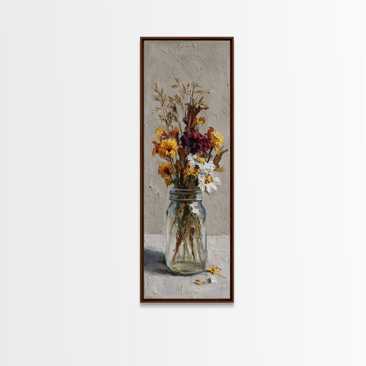 Wildflowers in a Mason Jar on Linen Canvas Print, Farmhouse Art, Printable Wall Art, Farmhouse Decor, Watercolor Art, Harvest, FAR-1x3-43