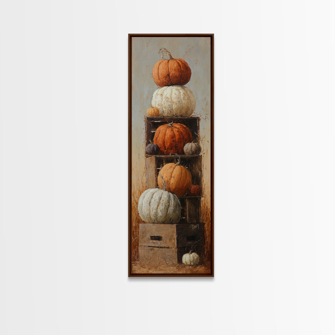 Pumpkins Stacked on a Wooden Crate Canvas Print, Farmhouse Art, Gallery Wall, Farmhouse Decor, Fine Art, Harvest, Art Print, FAR-1x3-49