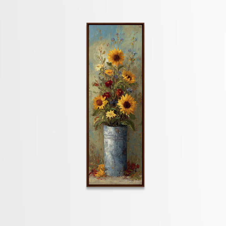 Sunflowers in a Galvanized Metal Bucket Canvas Print, Farmhouse Art, Sage Green Wall Art, Farmhouse Decor, Watercolor Art, FAR-1x3-63