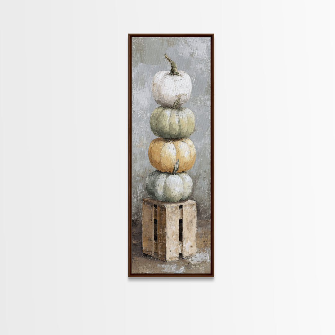 Pumpkins Stacked on a Wooden Crate Canvas Print, Farmhouse Art, Digital Prints, Farmhouse Decor, Harvest, Watercolor Painting, FAR-1x3-73
