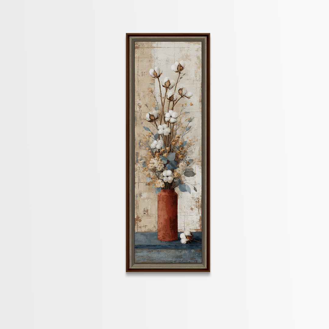 Farmhouse Wreath of Cotton Stems and Eucalyptus Framed Canvas Print, Farmhouse Art, Farmhouse Decor, Fine Art, Harvest, FAR-1x3-80