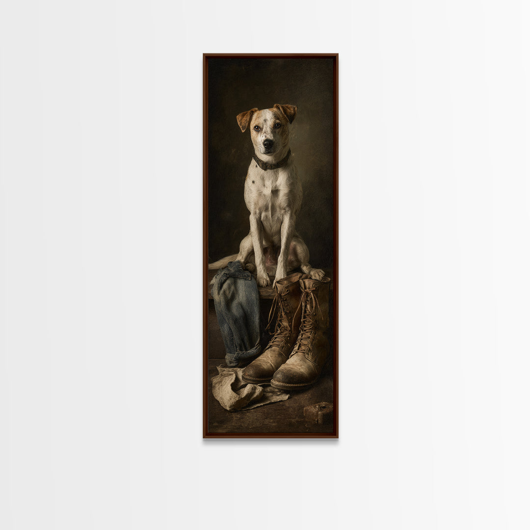Farm Dog Lying Beside Weathered Boots Canvas Print, Farmhouse Art, Minimalist Decor, Farmhouse Decor, Fine Art, Harvest, FAR-1x3-93