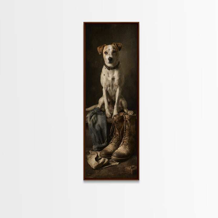 Farm Dog Lying Beside Weathered Boots Canvas Print, Farmhouse Art, Minimalist Decor, Farmhouse Decor, Fine Art, Harvest, FAR-1x3-93