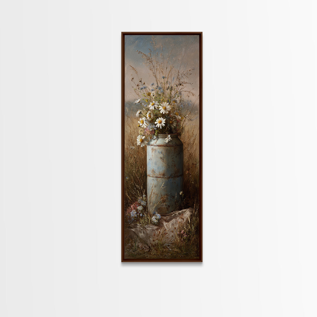Old Milk Can Framed Canvas Print, Farmhouse Art, Watercolor Painting, Farmhouse Decor, Abstract Art, Harvest, Botanical Art, FAR-1x3-96