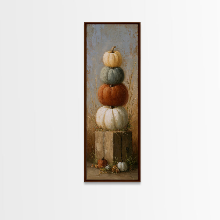 Pumpkins Stacked on a Wooden Crate Canvas Print, Farmhouse Art, Landscape Art, Farmhouse Decor, Oil Painting, Harvest, FAR-1x3-97
