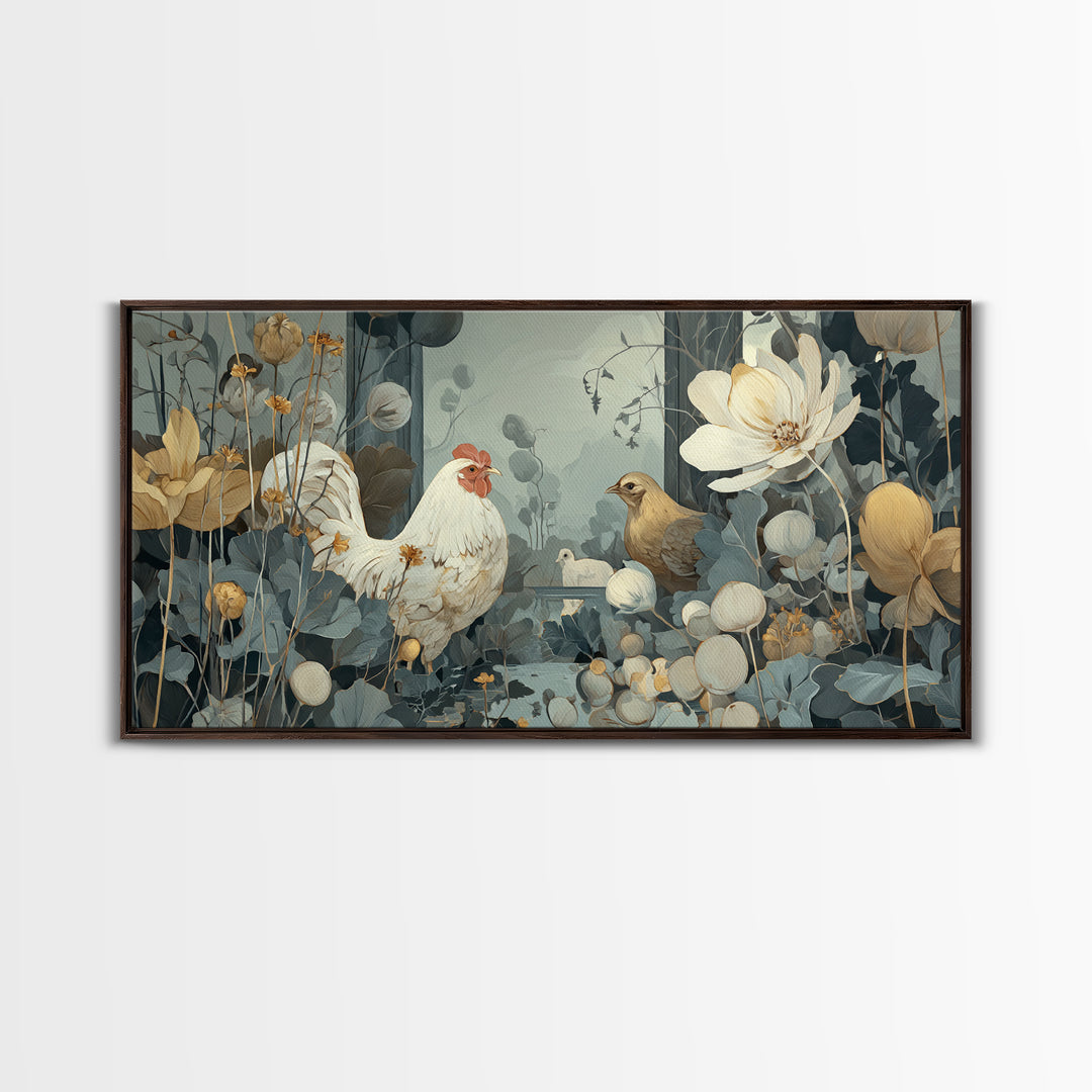 Chicken Family in a Garden Patch Framed Canvas Print, Farmhouse Art, Sage Green Wall Art, Farmhouse Decor, Fine Art, Harvest, FAR-2x1-11
