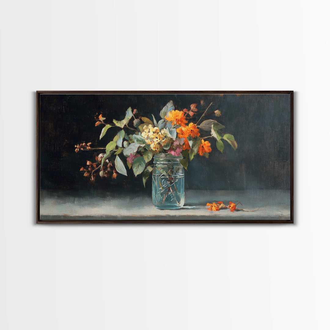 Wildflowers in a Mason Jar on Linen Framed Canvas Print, Farmhouse Art, Fine Art Print, Farmhouse Decor, Fine Art, Harvest, FAR-2x1-27