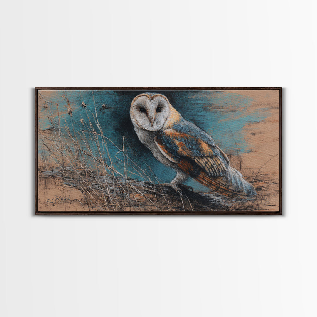 Barn Owl Perched on Aged Wood Framed Canvas Print, Farmhouse Art, Landscape Art, Farmhouse Decor, Fine Art, Harvest, FAR-2x1-67