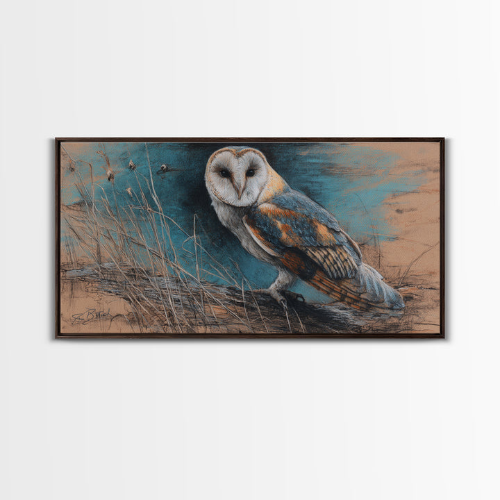 Barn Owl Perched on Aged Wood Framed Canvas Print, Farmhouse Art, Landscape Art, Farmhouse Decor, Fine Art, Harvest, FAR-2x1-67