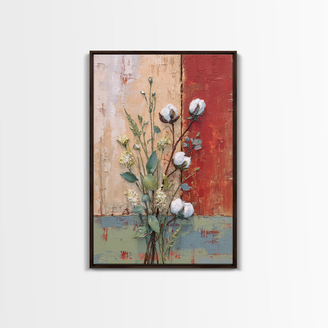 Farmhouse Wreath of Cotton Stems and Eucalyptus Framed Canvas Print, Farmhouse Art, Art Print, Farmhouse Decor, Harvest, FAR-2x3-100