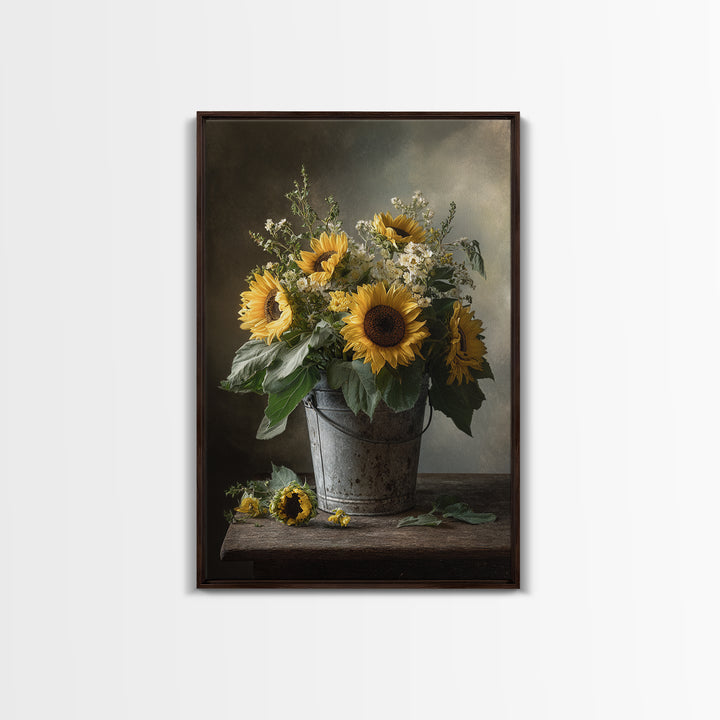 Sunflowers in a Galvanized Metal Bucket Canvas Print, Farmhouse Art, Botanical Art, Farmhouse Decor, Fine Art, Harvest, FAR-2x3-11
