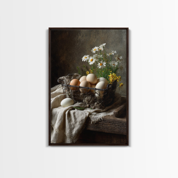 Fresh Eggs in a Wire Basket Canvas Print, Farmhouse Art, Art Print, Farmhouse Decor, Oil Painting, Harvest, Digital Art, FAR-2x3-14