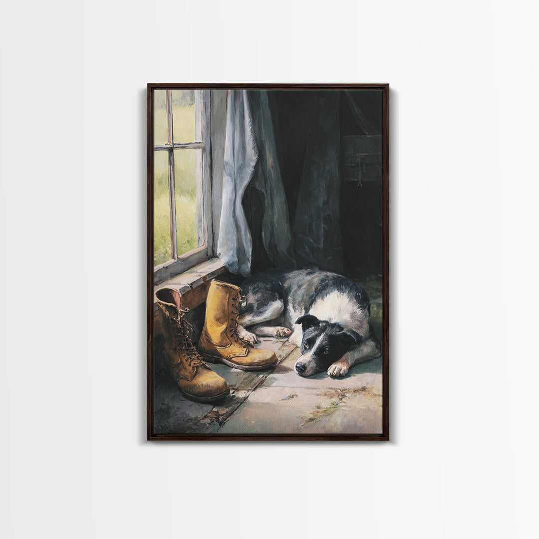 Farm Dog Lying Beside Weathered Boots Framed Canvas Print, Farmhouse Art, Wall Decor, Farmhouse Decor, Abstract Art, Harvest, FAR-2x3-17