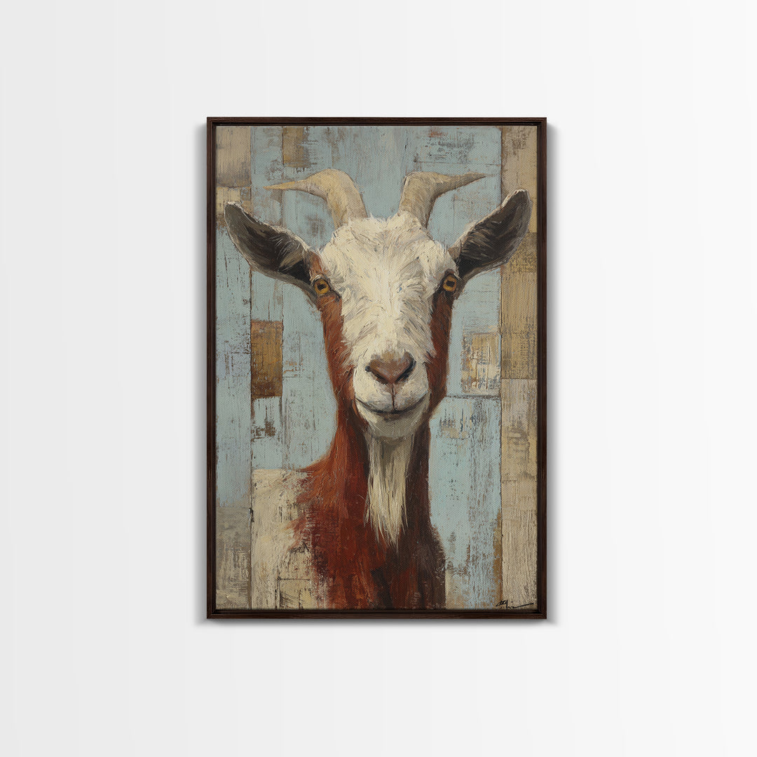 Goat Portrait with Playful Expression Framed Canvas Print, Farmhouse Art, Boho Decor, Farmhouse Decor, Fine Art, Harvest, FAR-2x3-2