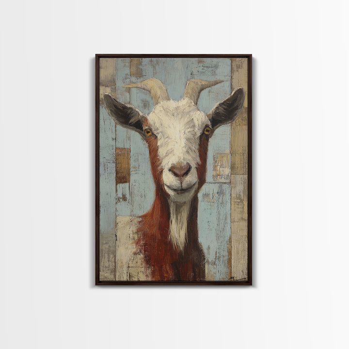Goat Portrait with Playful Expression Framed Canvas Print, Farmhouse Art, Boho Decor, Farmhouse Decor, Fine Art, Harvest, FAR-2x3-2