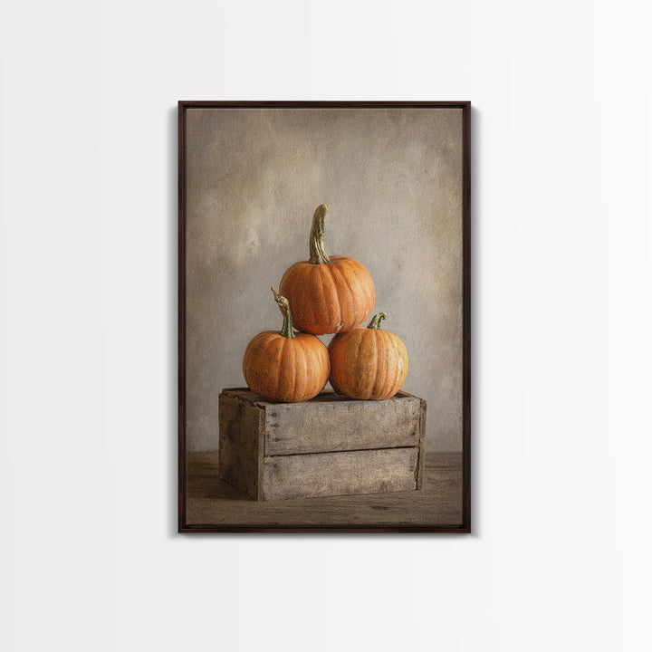 Pumpkins Stacked on a Wooden Crate Framed Canvas Print, Farmhouse Art, Contemporary Art, Farmhouse Decor, Oil Painting, Harvest, FAR-2x3-21