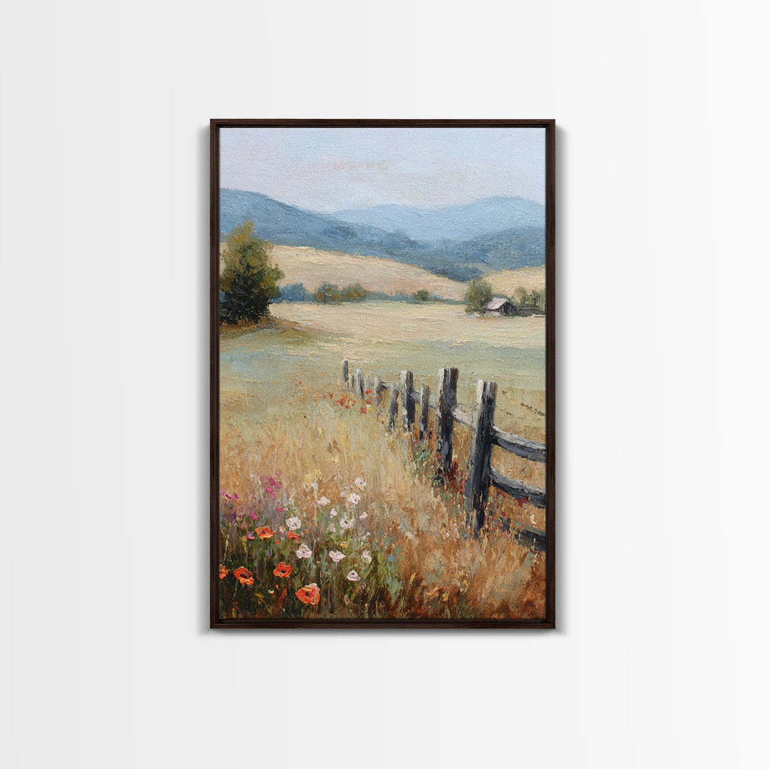 Country Landscape with Fence and Rolling Hills Framed Canvas Print, Farmhouse Art, Textured Painting, Farmhouse Decor, Harvest, FAR-2x3-22