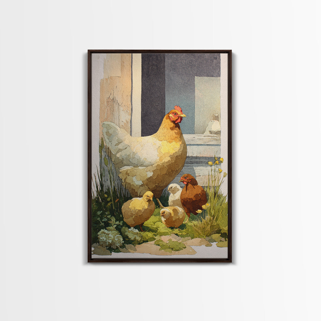 Chicken Family in a Garden Patch Canvas Print, Farmhouse Art, Art Print, Farmhouse Decor, Fine Art, Harvest, Digital Art, FAR-2x3-23