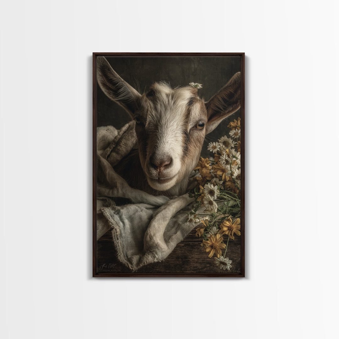 Goat Portrait with Playful Expression Framed Canvas Print, Farmhouse Art, Boho Decor, Farmhouse Decor, Fine Art, Harvest, FAR-2x3-26