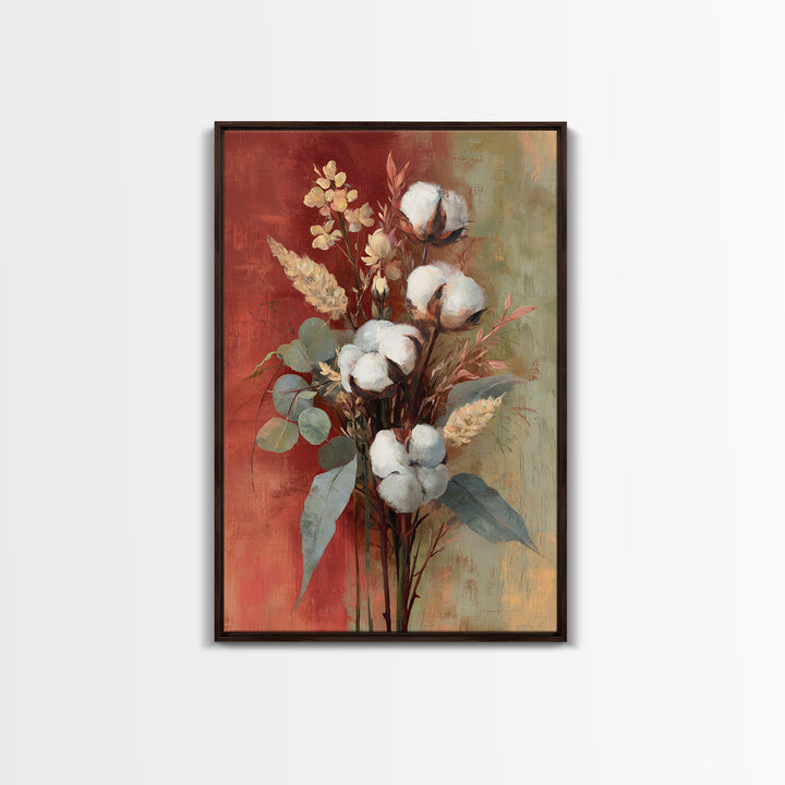 Farmhouse Wreath of Cotton Stems and Eucalyptus Framed Canvas Print, Farmhouse Art, Farmhouse Decor, Fine Art, Harvest, FAR-2x3-28