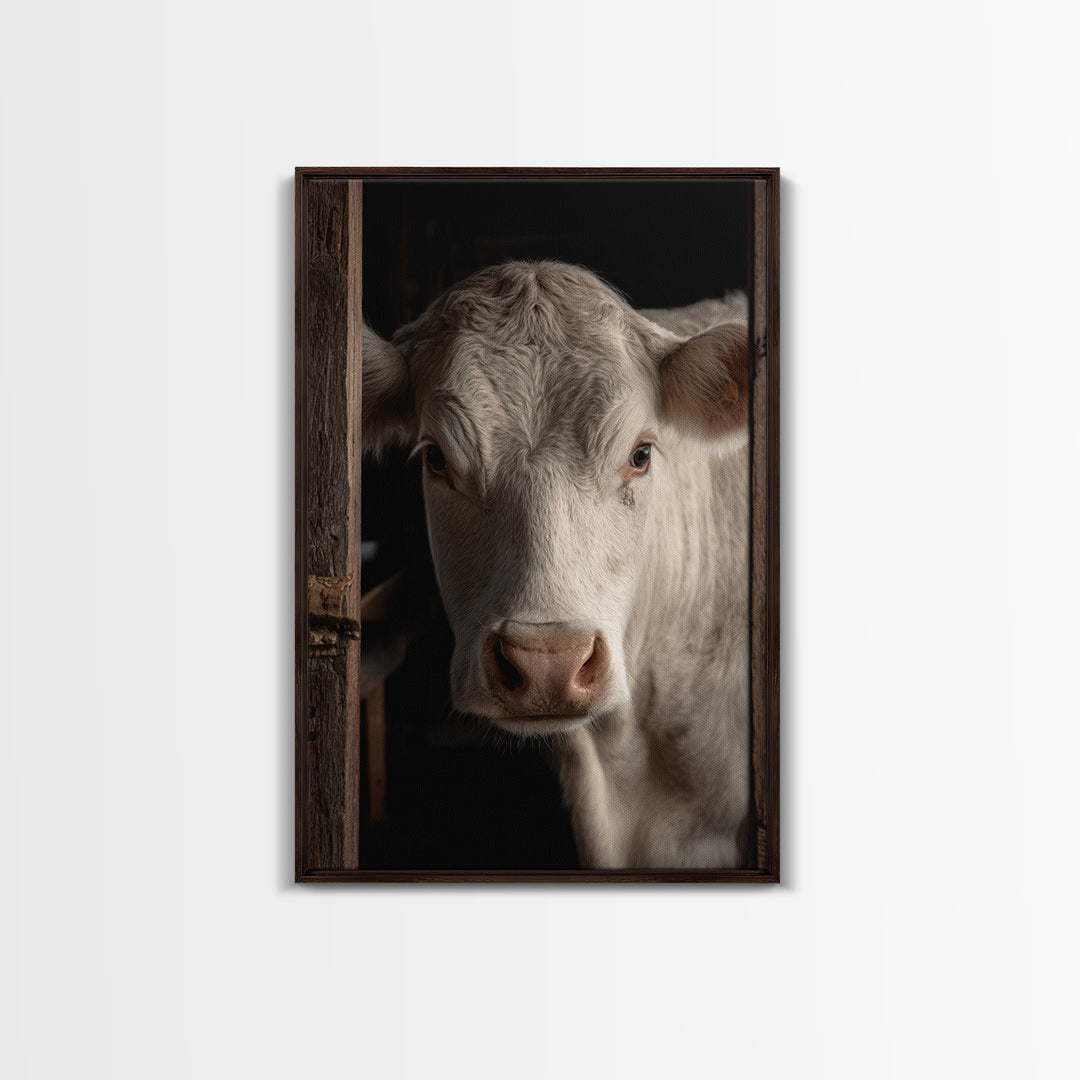 White Cow Portrait Framed Canvas Print, Farmhouse Art, Printable Wall Art, Farmhouse Decor, Fine Art, Harvest, Black Wall Art, FAR-2x3-33