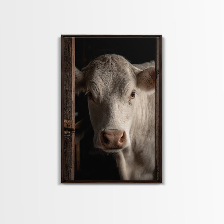 White Cow Portrait Framed Canvas Print, Farmhouse Art, Printable Wall Art, Farmhouse Decor, Fine Art, Harvest, Black Wall Art, FAR-2x3-33
