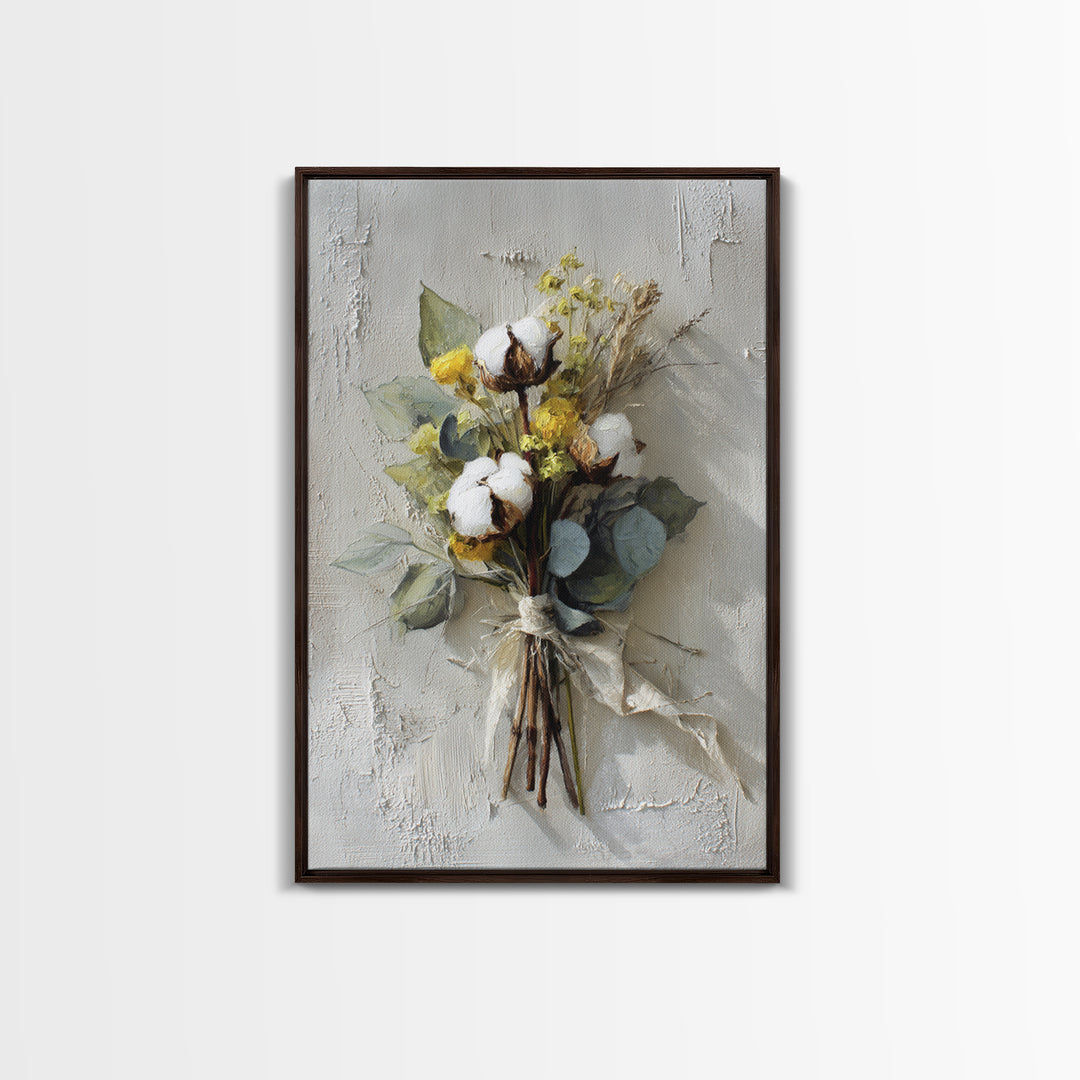 Farmhouse Wreath of Cotton Stems and Eucalyptus Canvas Print, Farmhouse Art, Statement Artwork, Farmhouse Decor, Harvest, FAR-2x3-4