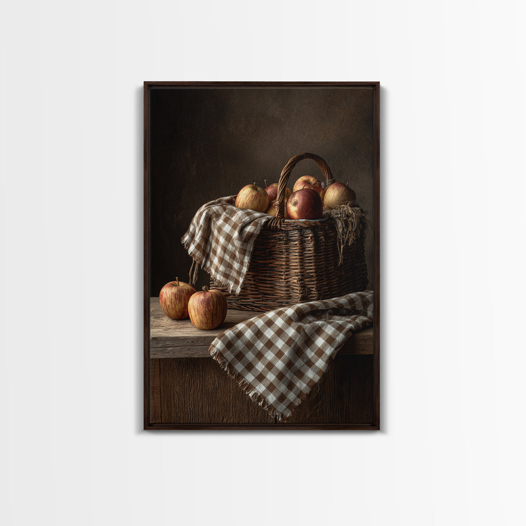 Apple Basket with Gingham Cloth Framed Canvas Print, Farmhouse Art, Contemporary Art, Farmhouse Decor, Fine Art, Harvest, FAR-2x3-43