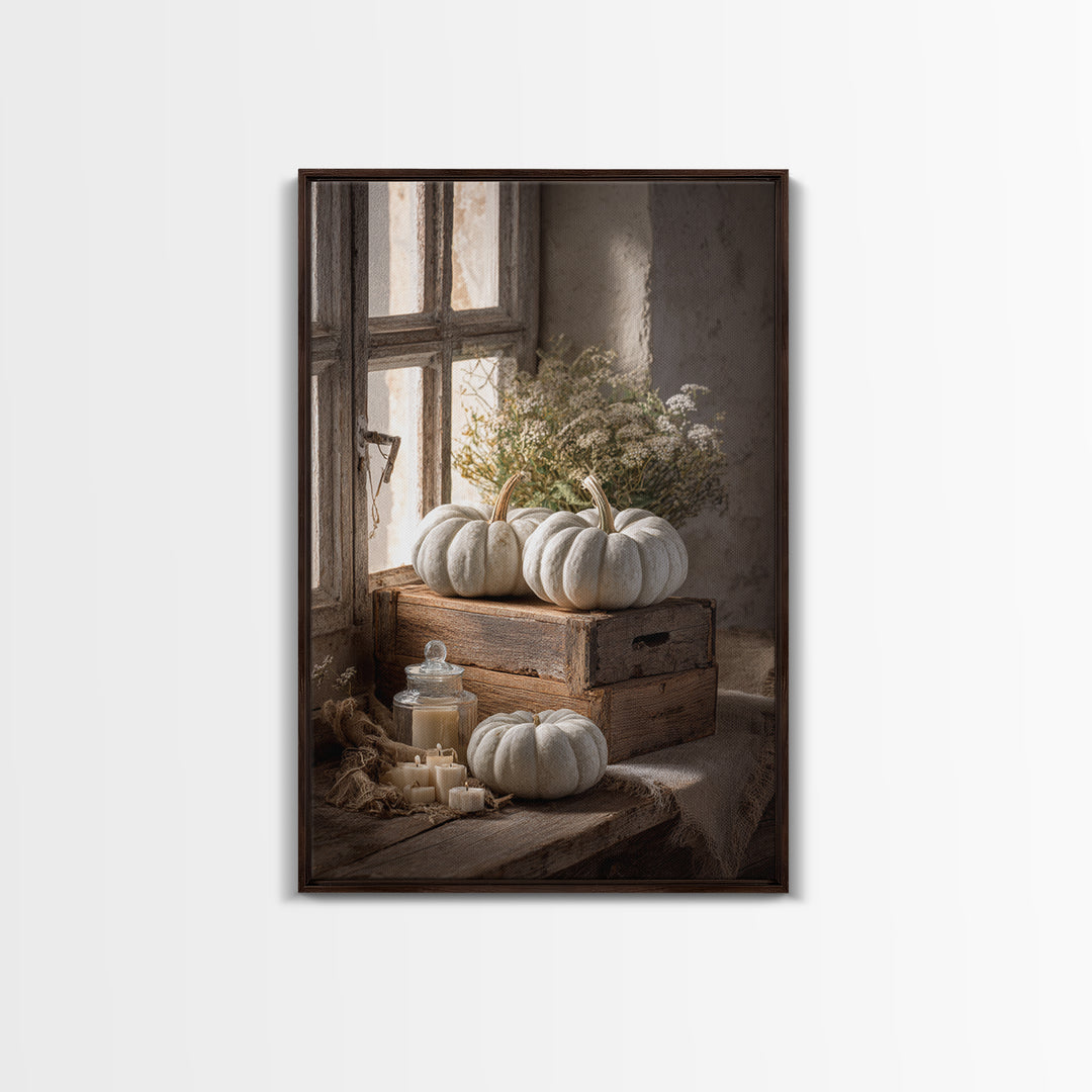 Pumpkins Stacked on a Wooden Crate Canvas Print, Farmhouse Art, Digital Prints, Farmhouse Decor, Harvest, Watercolor Painting, FAR-2x3-45
