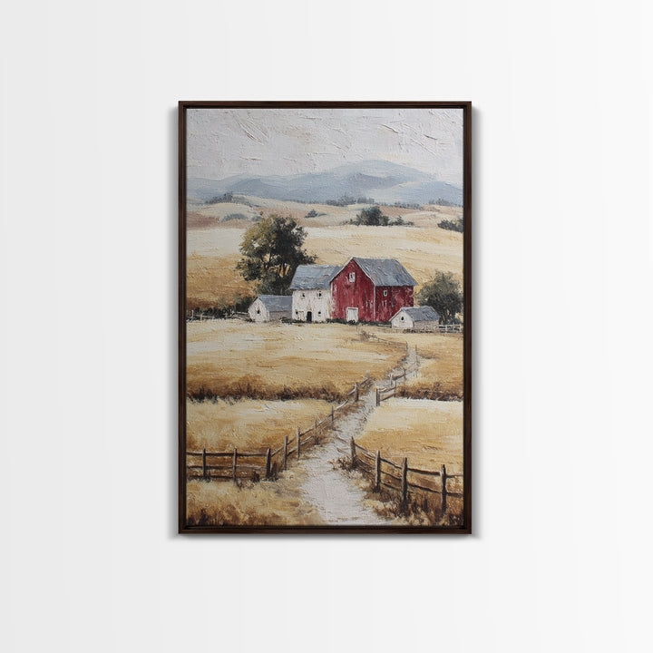 Country Landscape with Fence and Rolling Hills Framed Canvas Print, Farmhouse Art, Textured Painting, Farmhouse Decor, Harvest, FAR-2x3-46