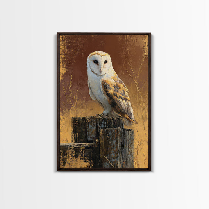Barn Owl Perched on Aged Wood Framed Canvas Print, Farmhouse Art, Textured Painting, Farmhouse Decor, Fine Art, Harvest, FAR-2x3-55