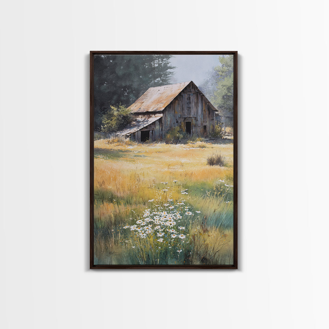 Rustic Barn in Golden Field Light Canvas Print, Farmhouse Art, Digital Prints, Farmhouse Decor, Harvest, Watercolor Painting, FAR-2x3-58