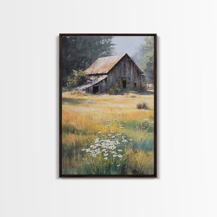 Rustic Barn in Golden Field Light Canvas Print, Farmhouse Art, Digital Prints, Farmhouse Decor, Harvest, Watercolor Painting, FAR-2x3-58