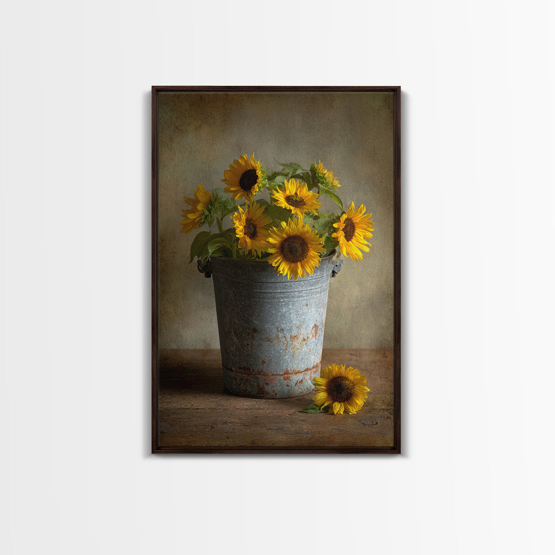 Sunflowers in a Galvanized Metal Bucket Framed Canvas Print, Farmhouse Art, Art, Farmhouse Decor, Watercolor Art, Harvest, FAR-2x3-59