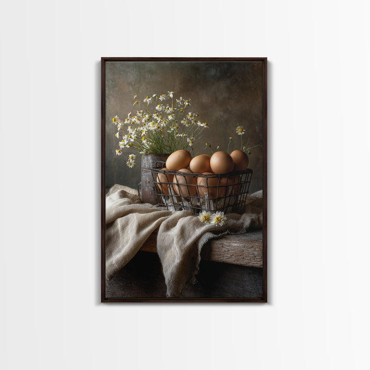 Fresh Eggs in a Wire Basket Canvas Print, Farmhouse Art, Farmhouse Decor, Abstract Art, Harvest, Sage Green Wall Art, FAR-2x3-62
