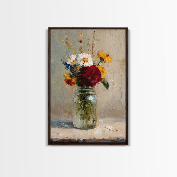 Wildflowers in a Mason Jar on Linen Framed Canvas Print, Farmhouse Art, Wall Decor, Farmhouse Decor, Fine Art, Harvest, FAR-2x3-63