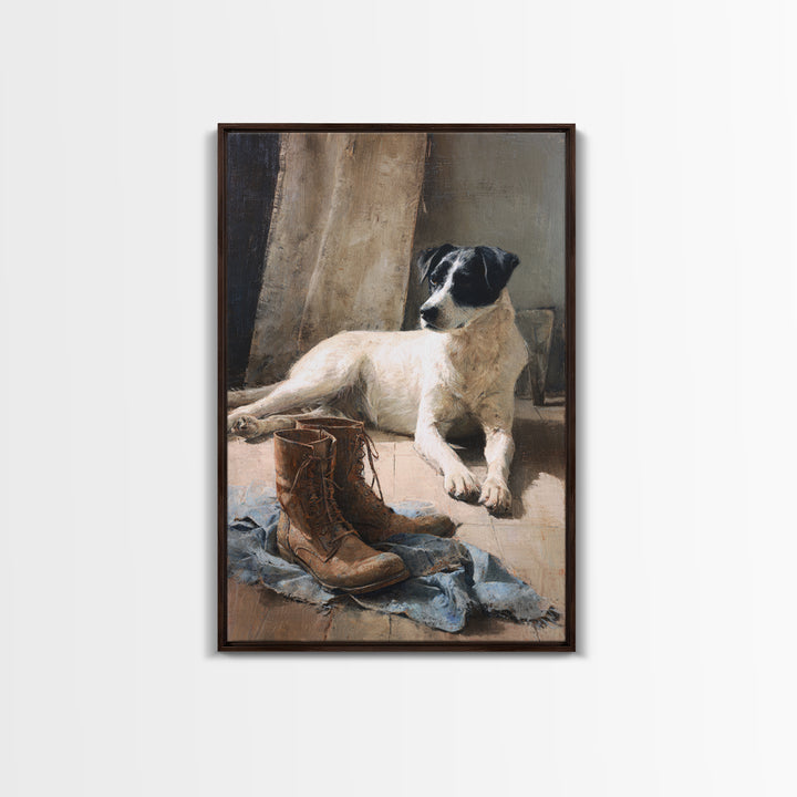Farm Dog Lying Beside Weathered Boots Canvas Print, Farmhouse Art, Digital Wall Art, Farmhouse Decor, Fine Art, Harvest, FAR-2x3-65